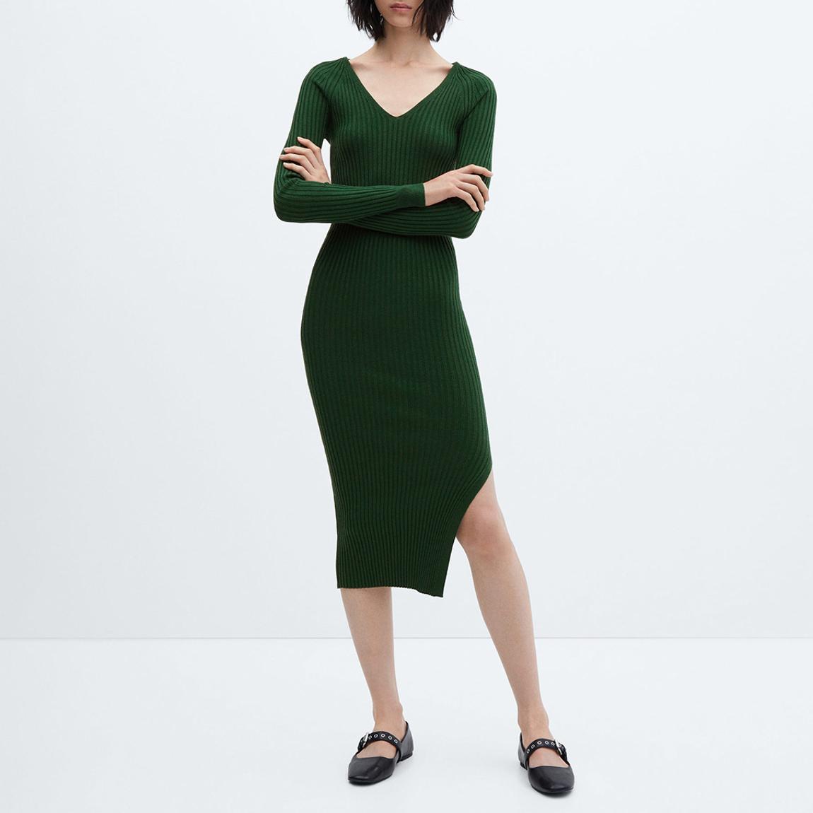 Green Ribbed V-Neck Dress main product photo