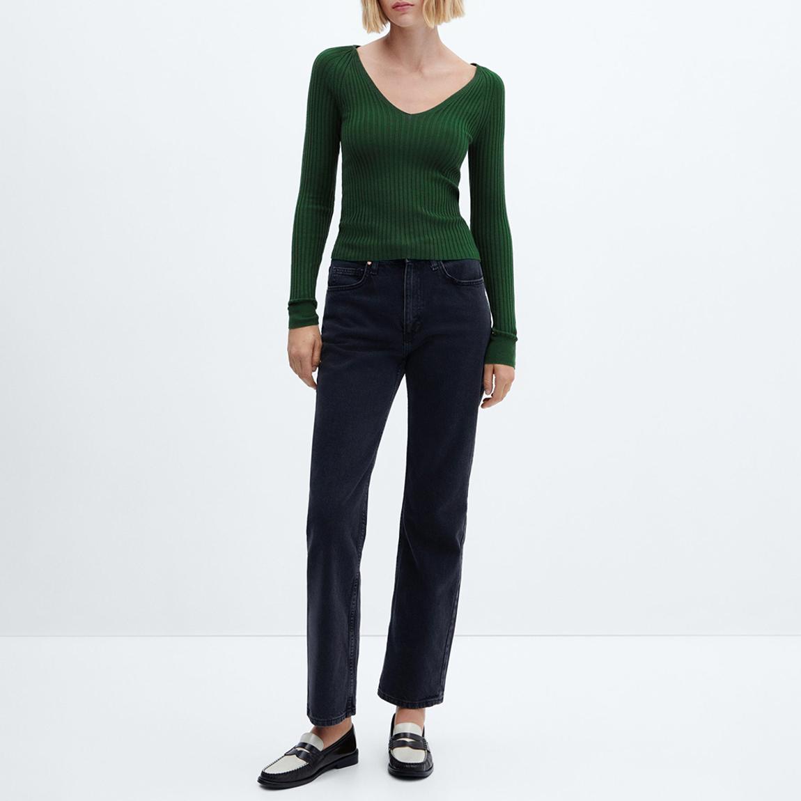 Green V-Neck Ribbed Knit Jumper main product photo