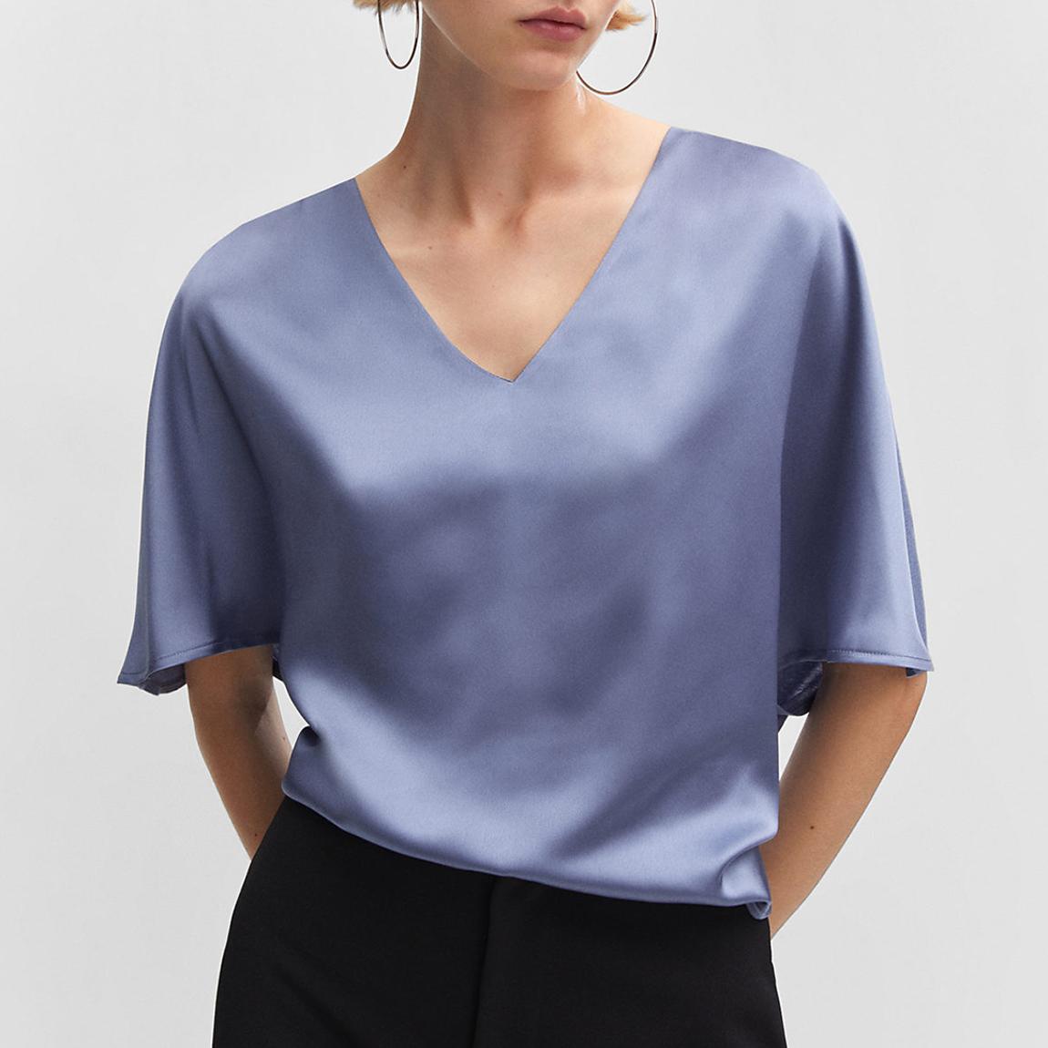 Blue Short-Sleeve Satin Blouse main product photo