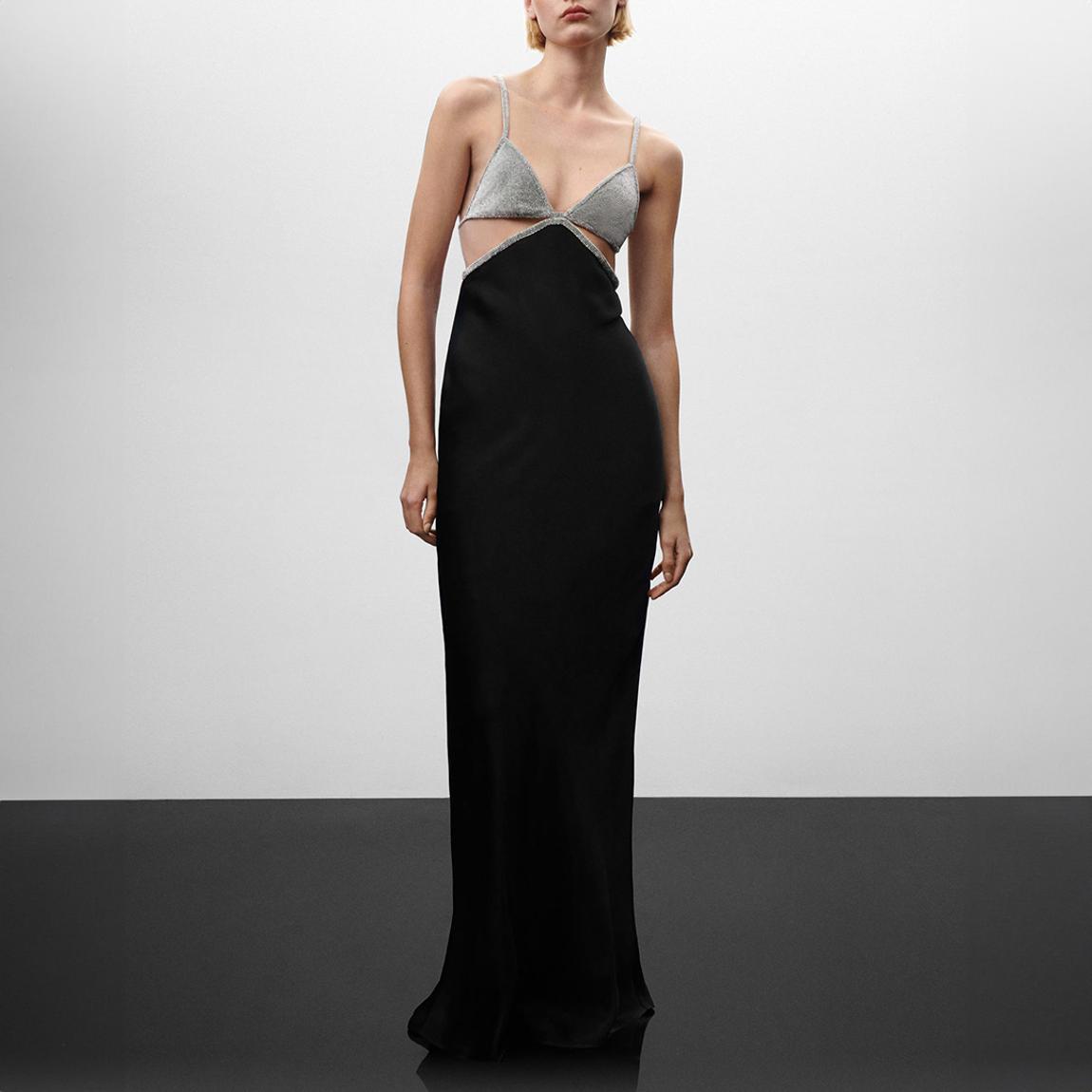 Black Satin Dress With Rhinestone Body main product photo
