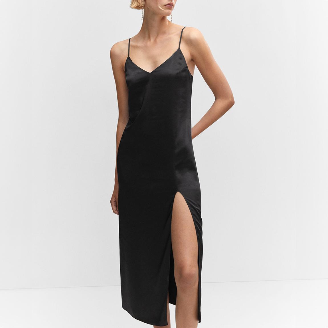 Black Side-Split Satin Dress main product photo