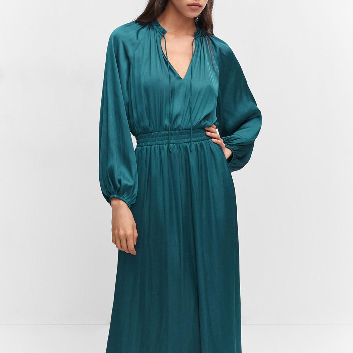 Petrol Blue Puffed Sleeves Satin Dress main product photo