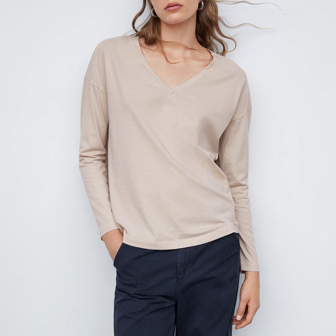 Beige V-Neck Cotton T-Shirt main product photo