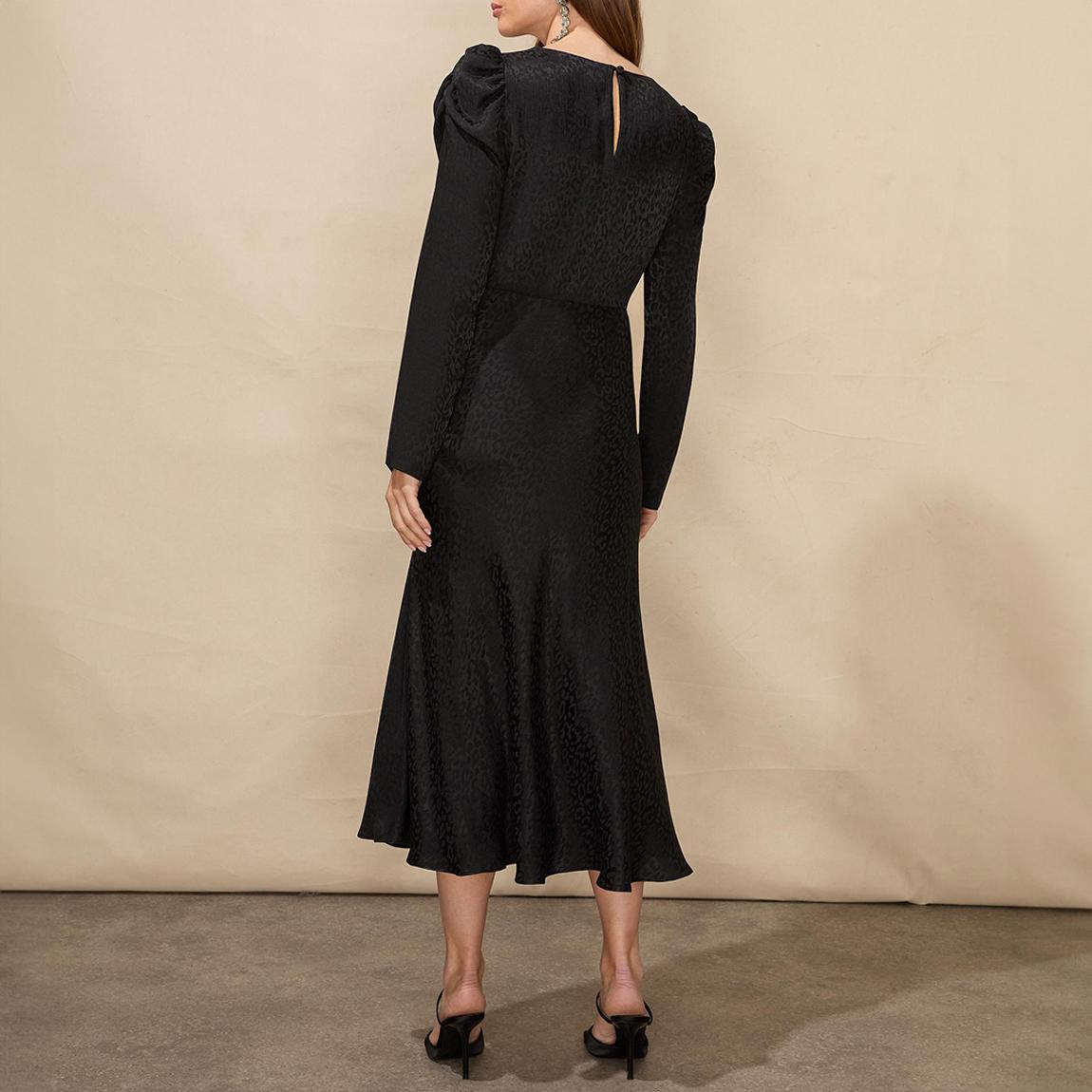 Black Satin Jacquard Puff Sleeve Dress main product photo