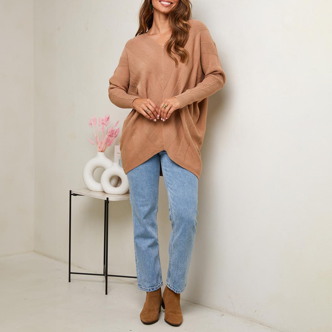 Camel Cashmere Blend Oversized V-Neck Jumper main product photo