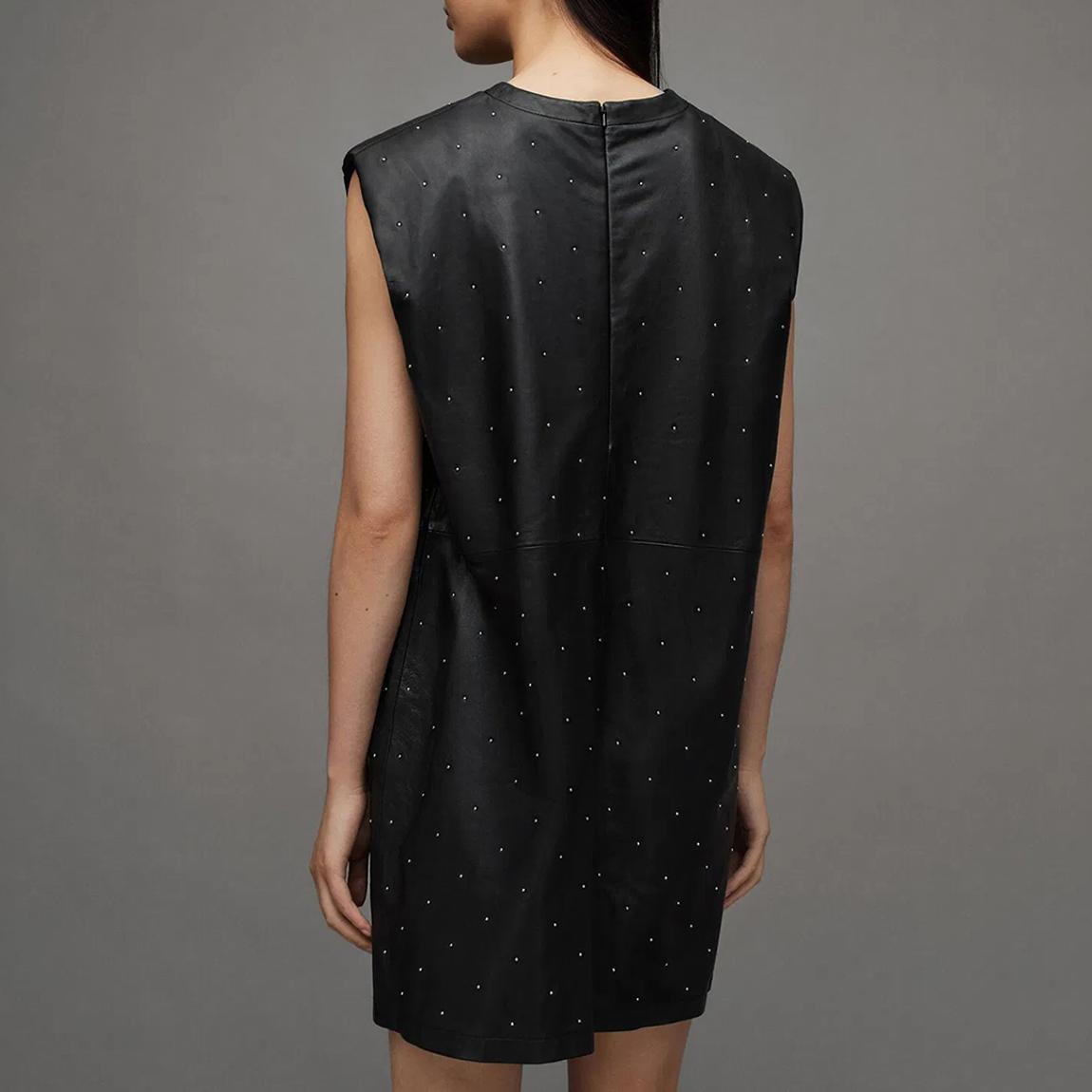 All Saints Black Mika Pinstud Leather Mini Dress - BrandAlley