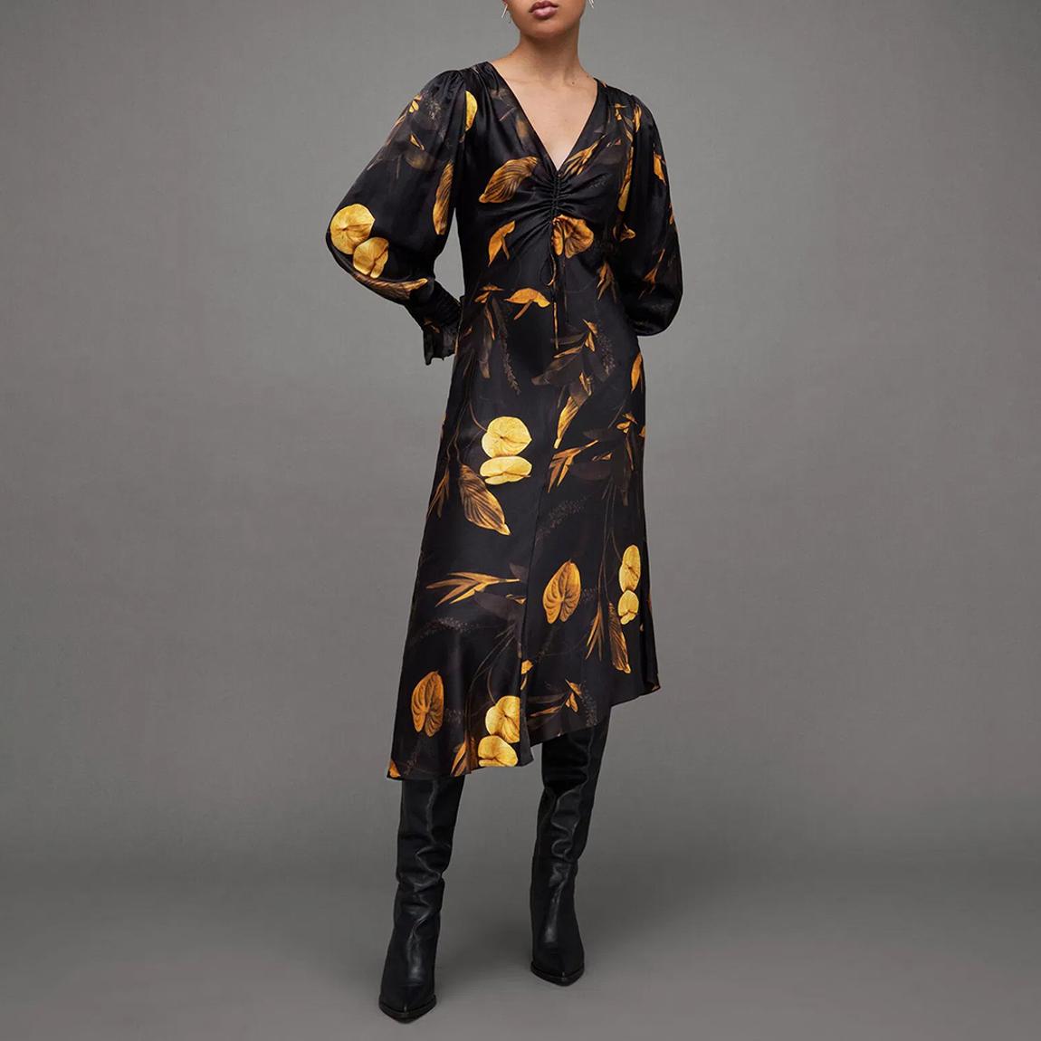 All Saints Black Naomi Aretha Silk Blend Midi Dress BrandAlley