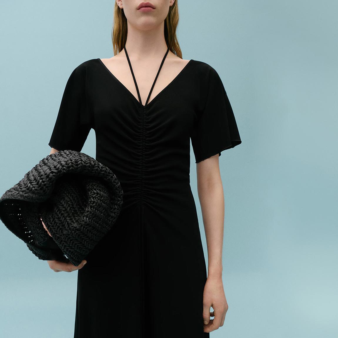 Mango X Victoria Beckham Black Ruched Midi Dress - BrandAlley Mango X Victoria Beckham Black Ruched Midi Dress - BrandAlley