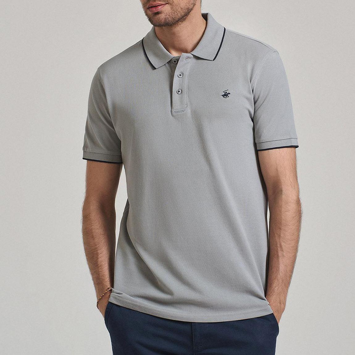 Grey/ Black Tipped Placket Tag Cotton Pique Polo Shirt main product photo