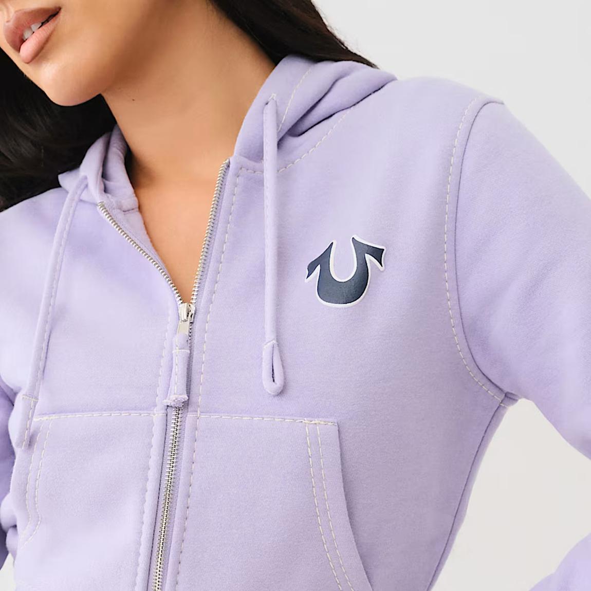 True Religion Purple Big T Shrunken Zip Cotton Blend Hoodie