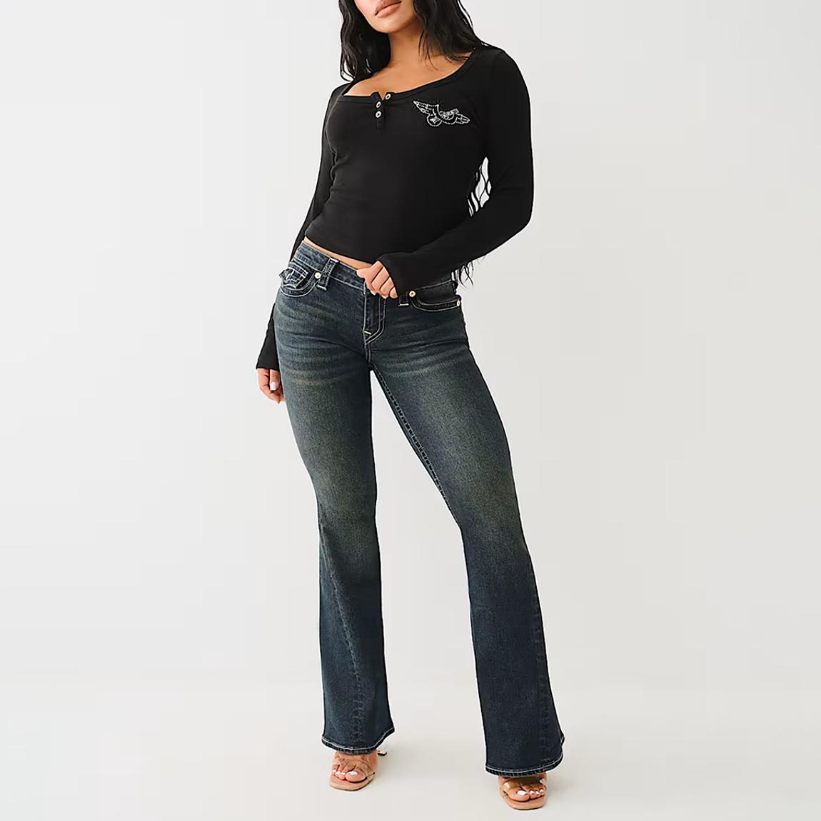 Black Scoop Neck Henley Rib Stretch Top main product photo