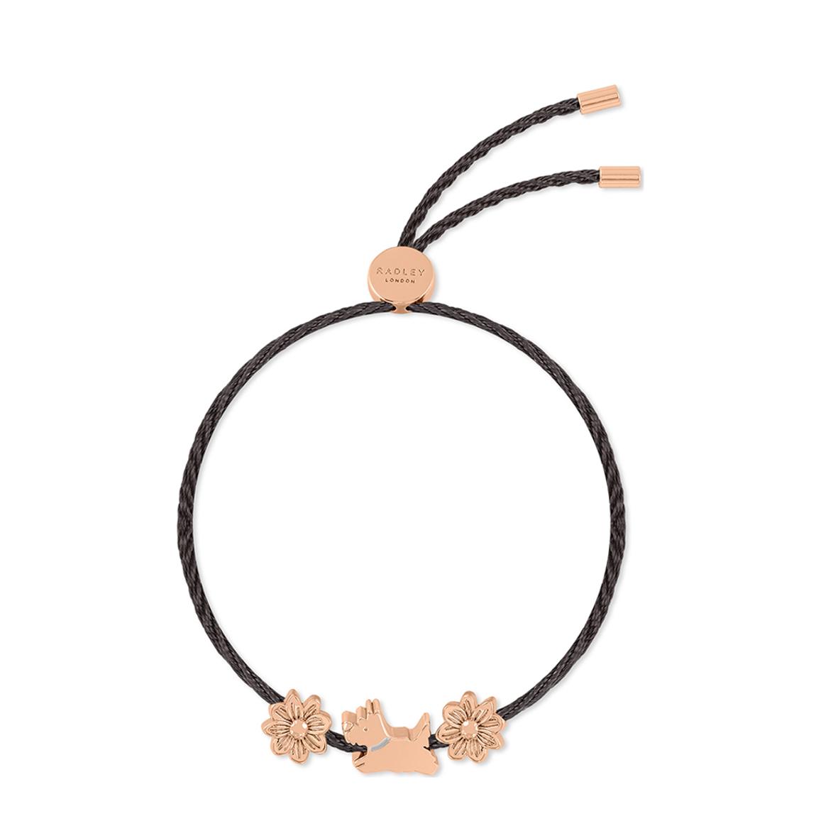Rose Gold Plated Flower and Jumping Dog Black Cord Friendship Bracelet main product photo