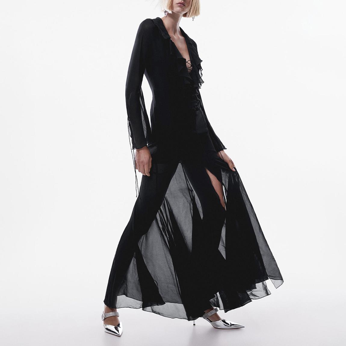 Black Ruffle Flare Sheer Dress main product photo