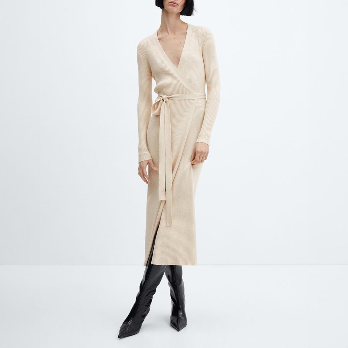 Ecru Ribbed Knit Wrap Midi Dress main product photo