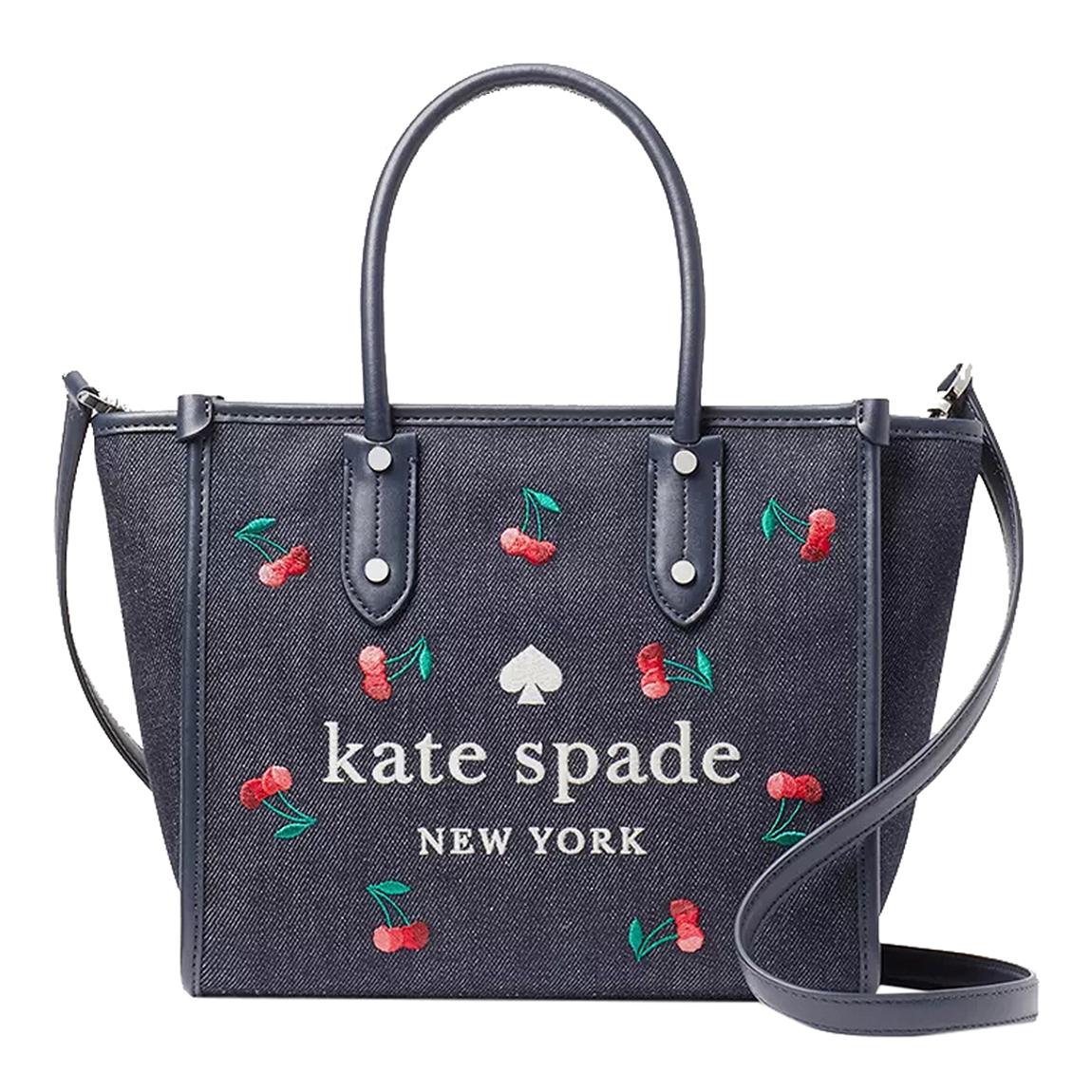 Blue Multicolour Ella Cherry Embroidered Denim Fabric Small Tote main product photo