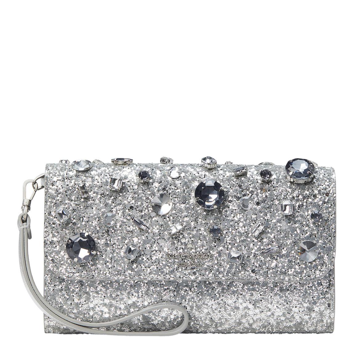 Silver Tinsel Jeweled Glitter Fabric Medium Flap Phone Wristlet main product photo