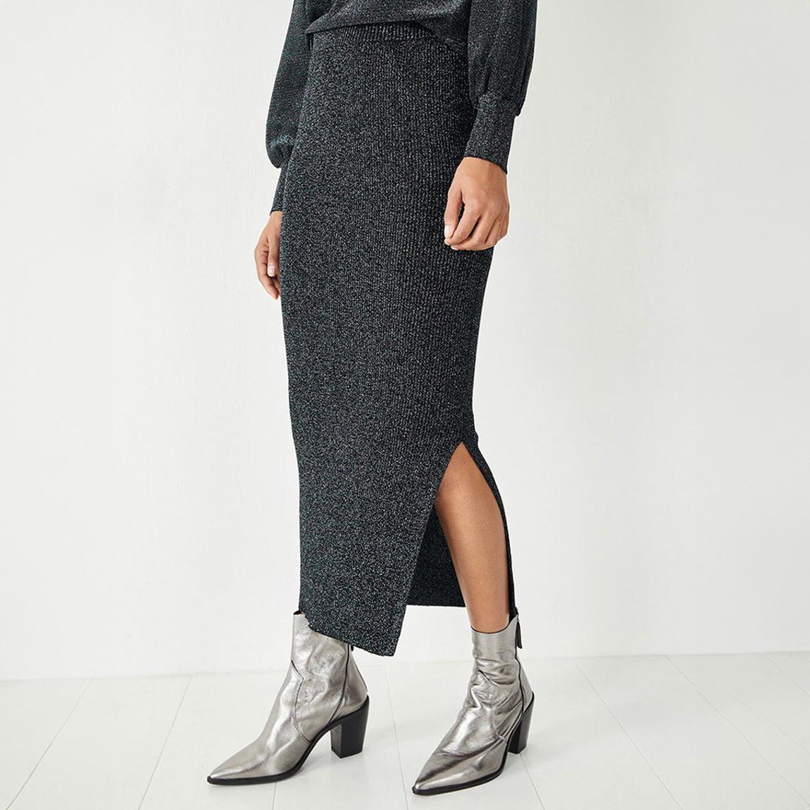 Black Metallic Ribbed Midi Skirt main product photo