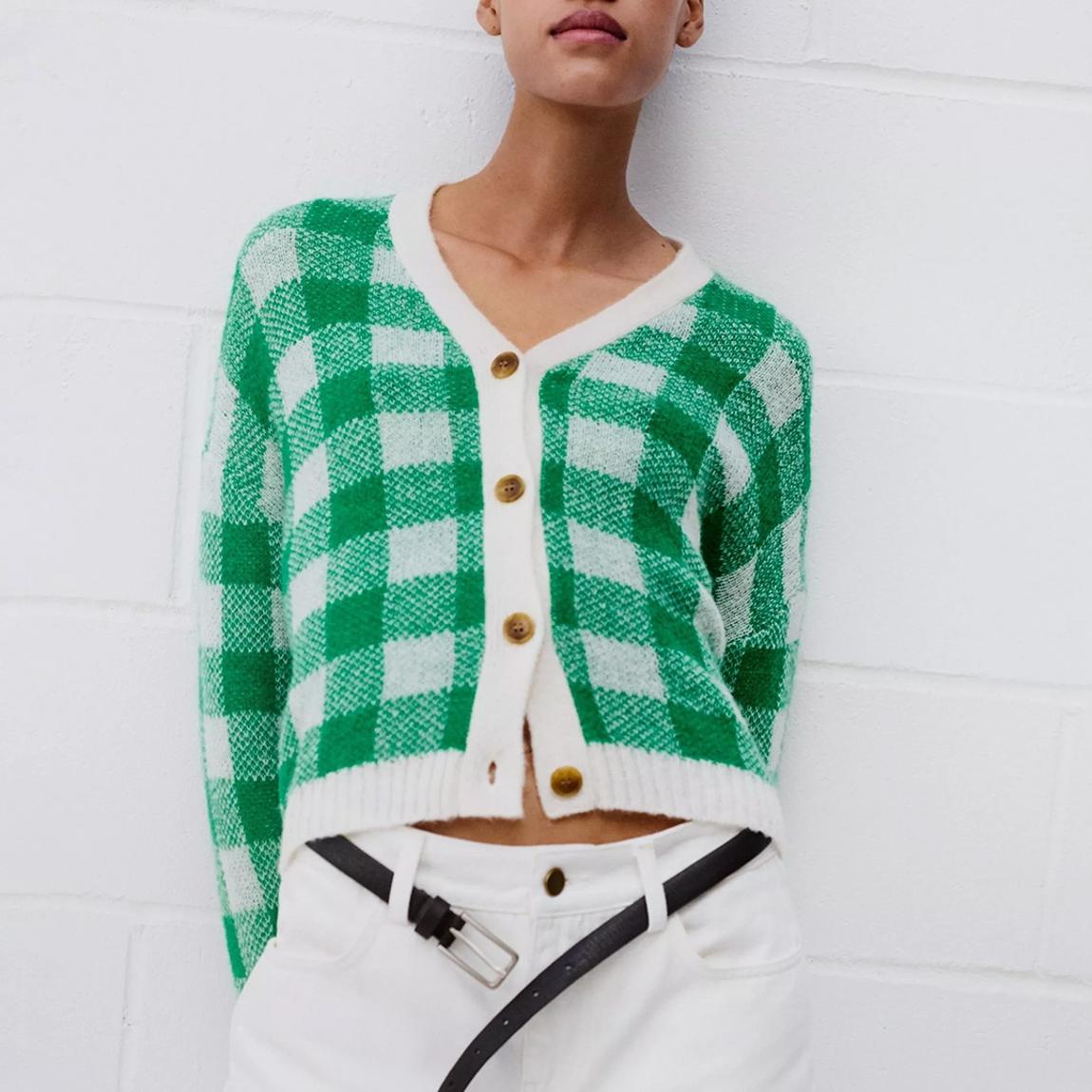 Green Gingham Wool Blend Cardigan main product photo