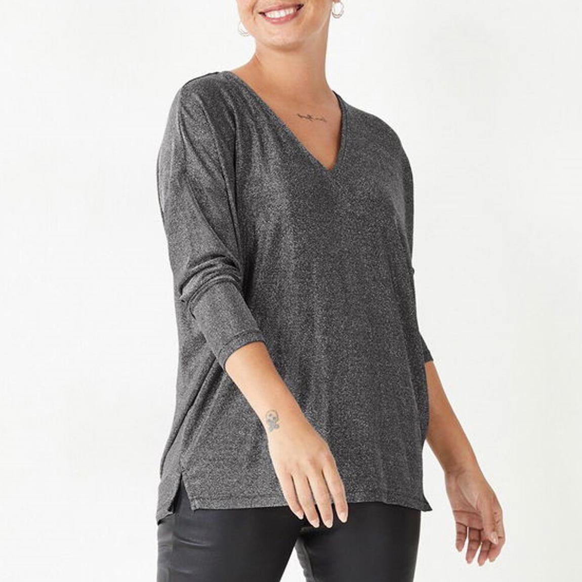 Silver Metallic Sparkle V Neck Top main product photo
