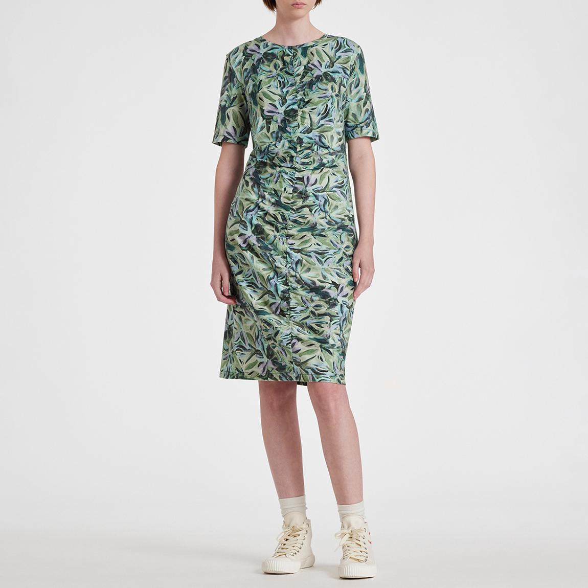 Green Print Ruched Cotton Blend Dress main product photo