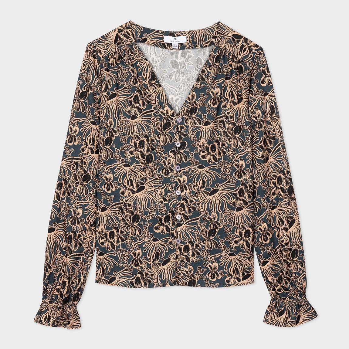 Blue Floral Print Button Down Top main product photo