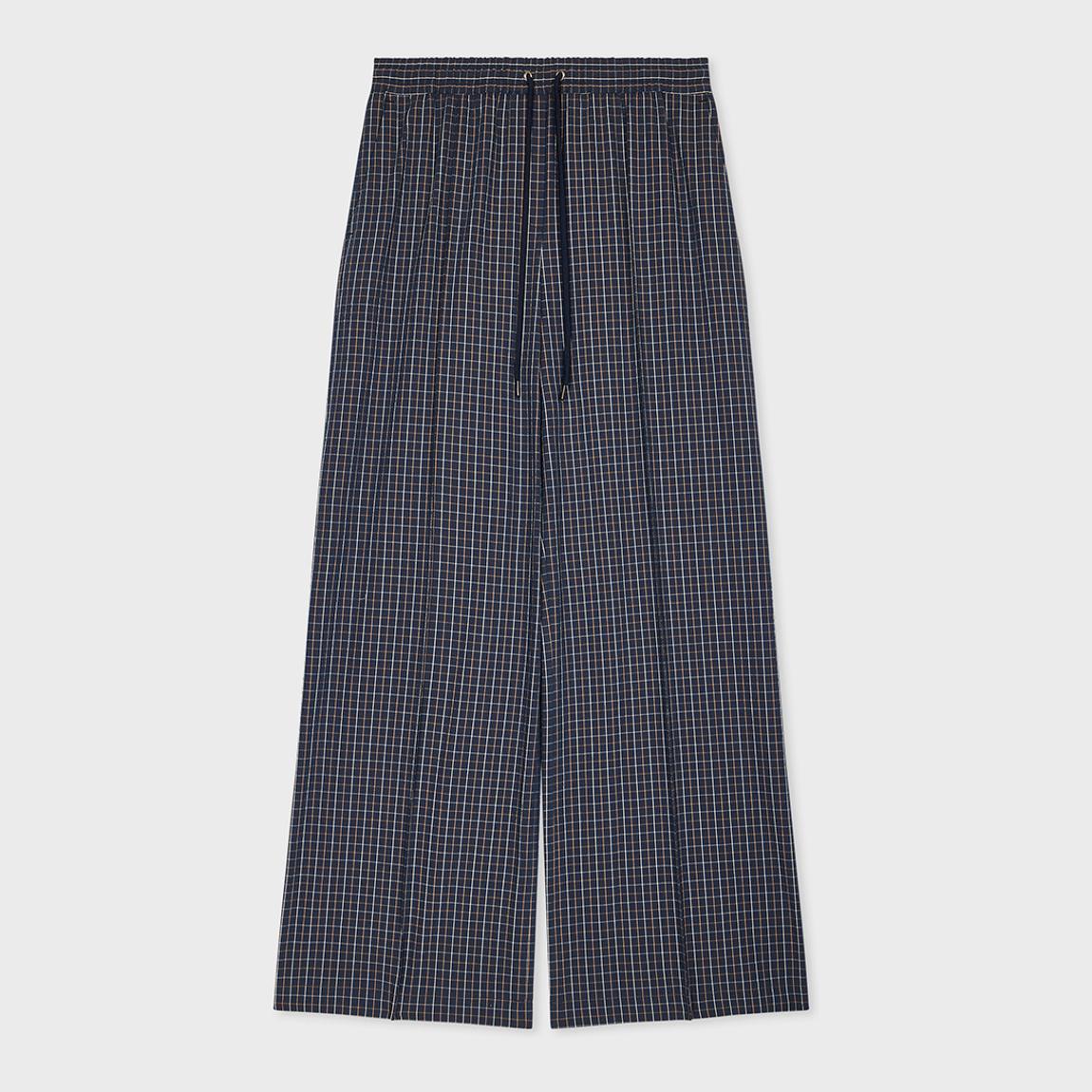 Navy Check Wide Cotton Blend Trousers main product photo