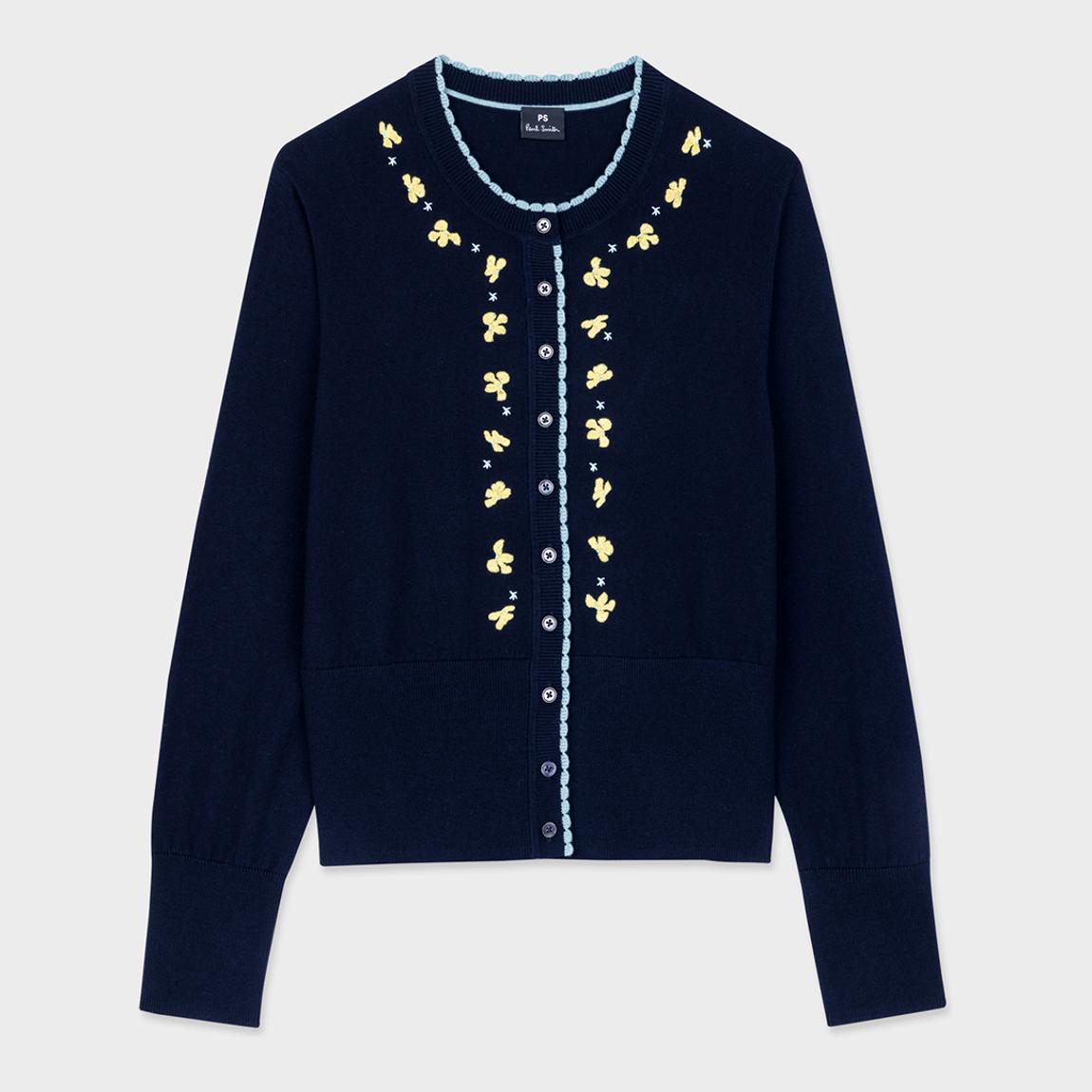 Navy Embroidered Wool Blend Cardigan main product photo