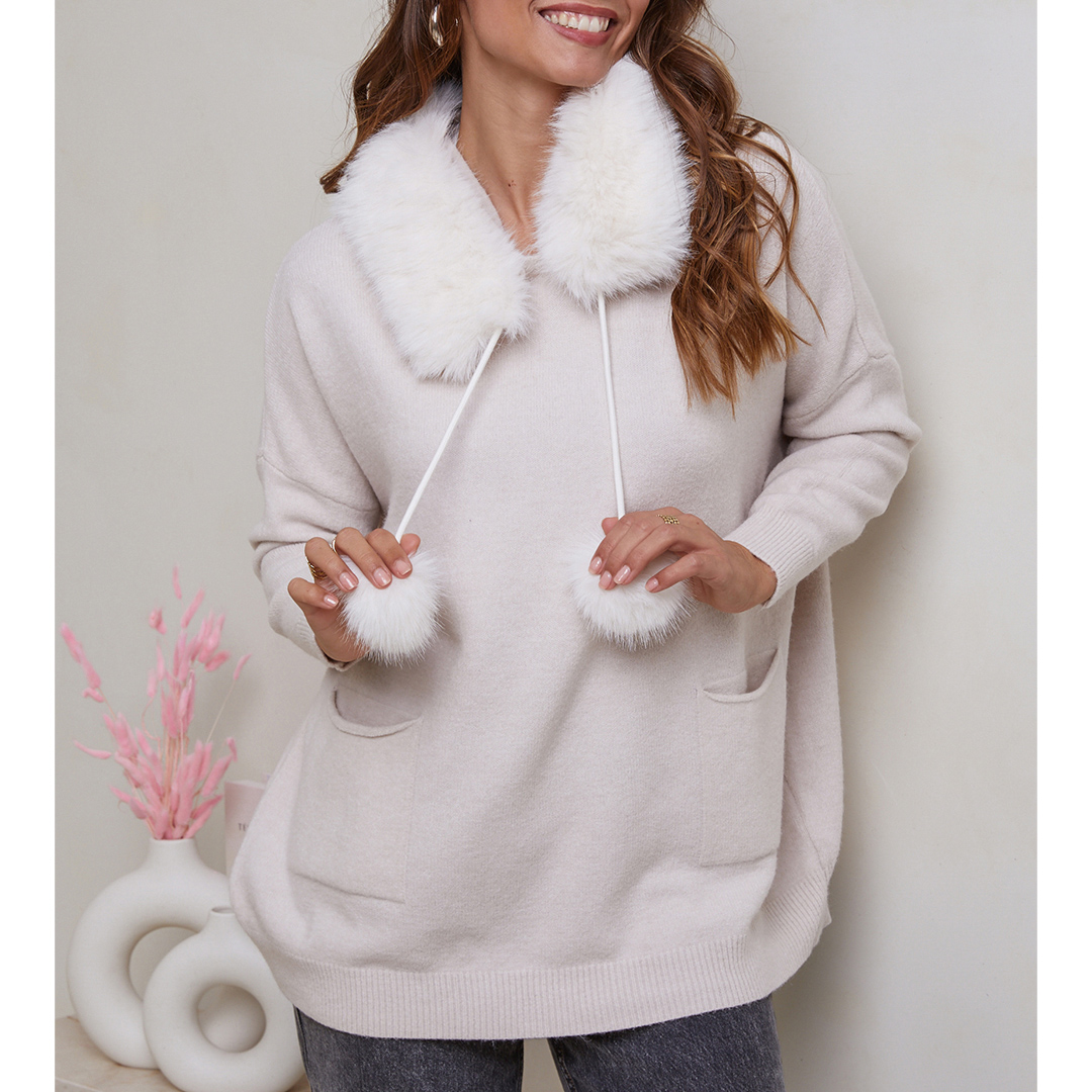 Cream Cashmere Blend Pom Pom Hooded Jumper main product photo