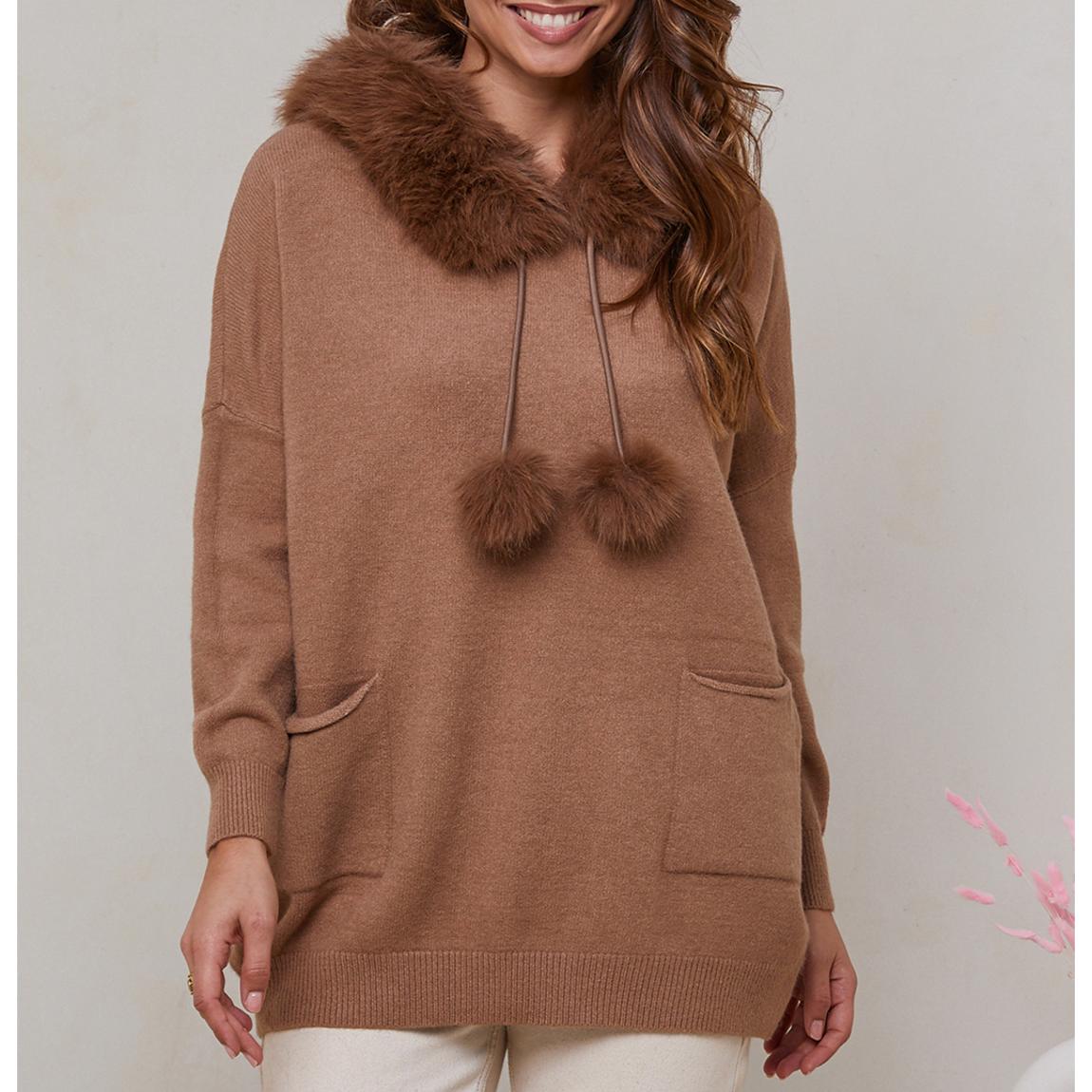 Camel Cashmere Blend Pom Pom Hooded Jumper main product photo