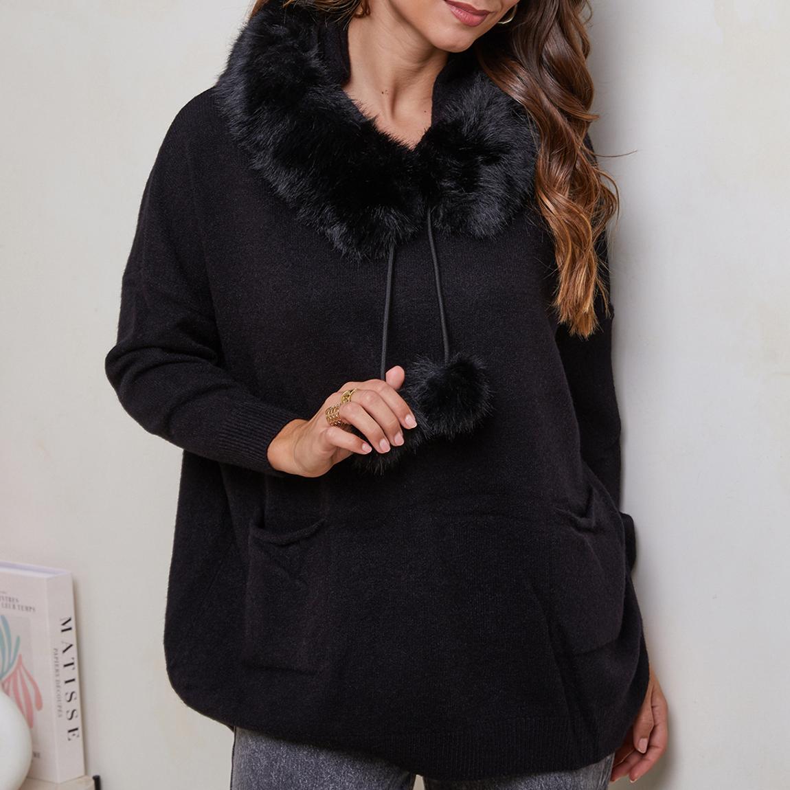 Black Cashmere Blend Pom Pom Hooded Jumper main product photo