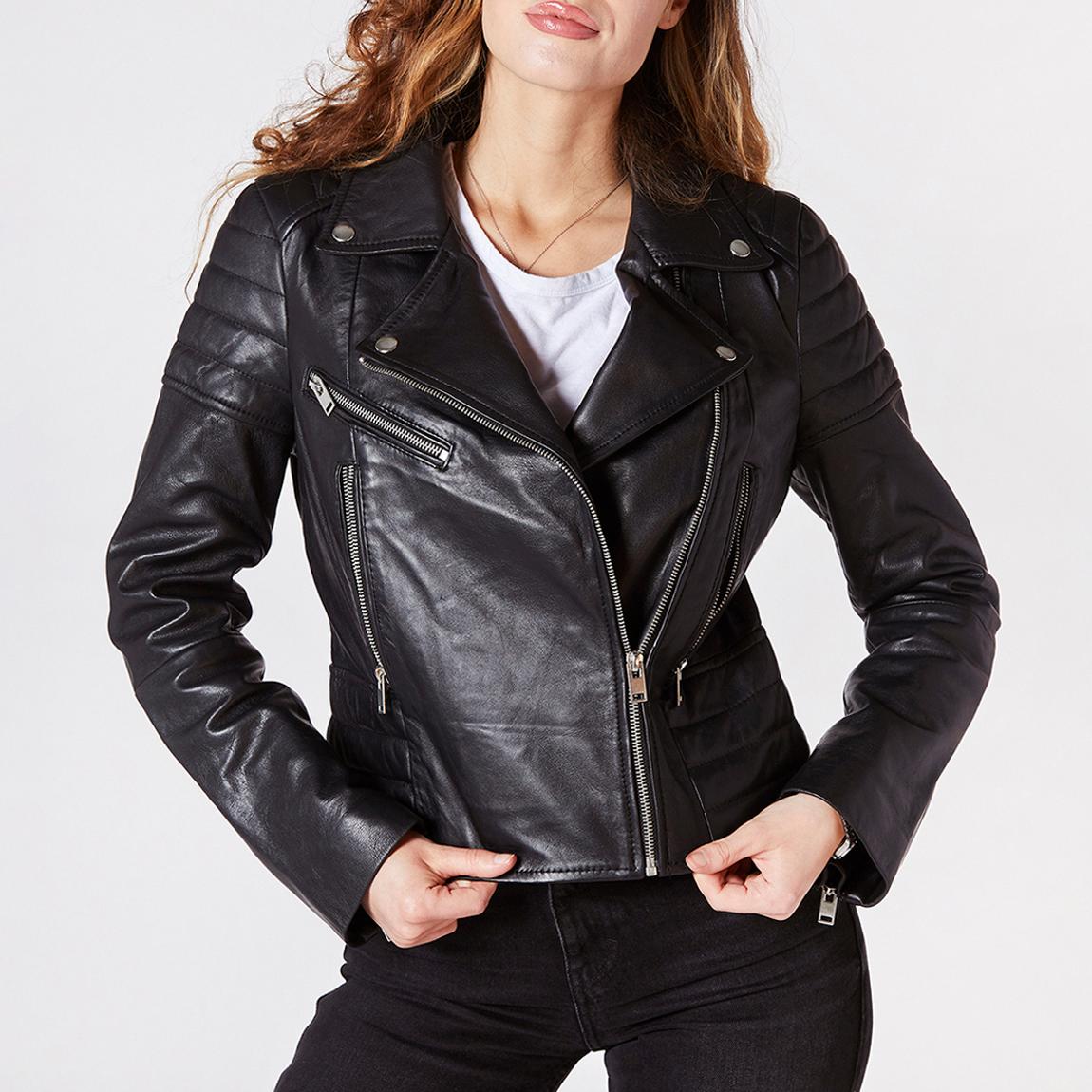 Black Ribbed Leather Biker Jacket main product photo