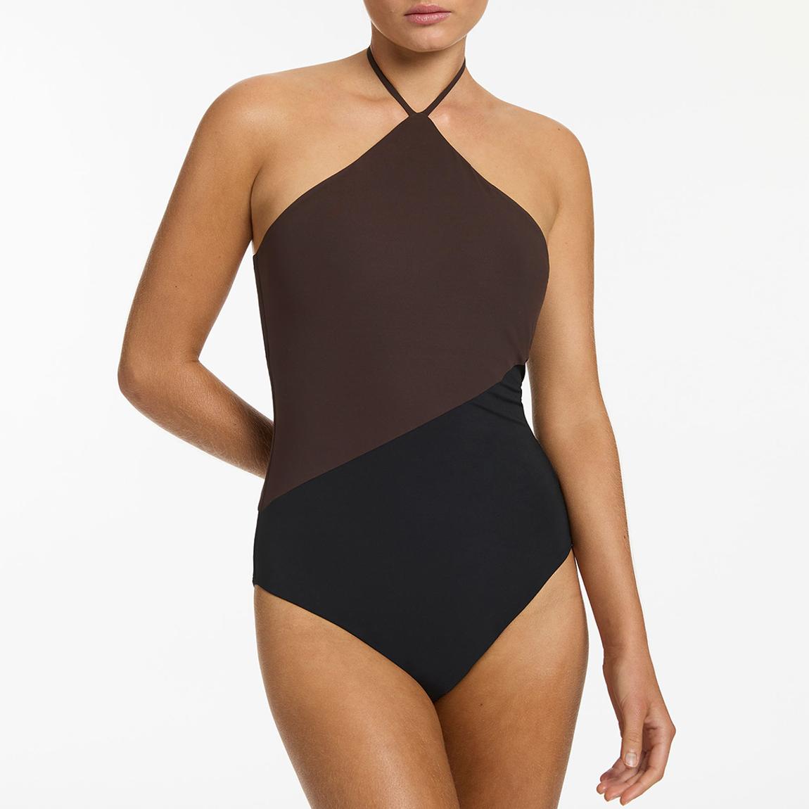 Black & Brown Versa High Neck Halter One Piece Swimsuit main product photo