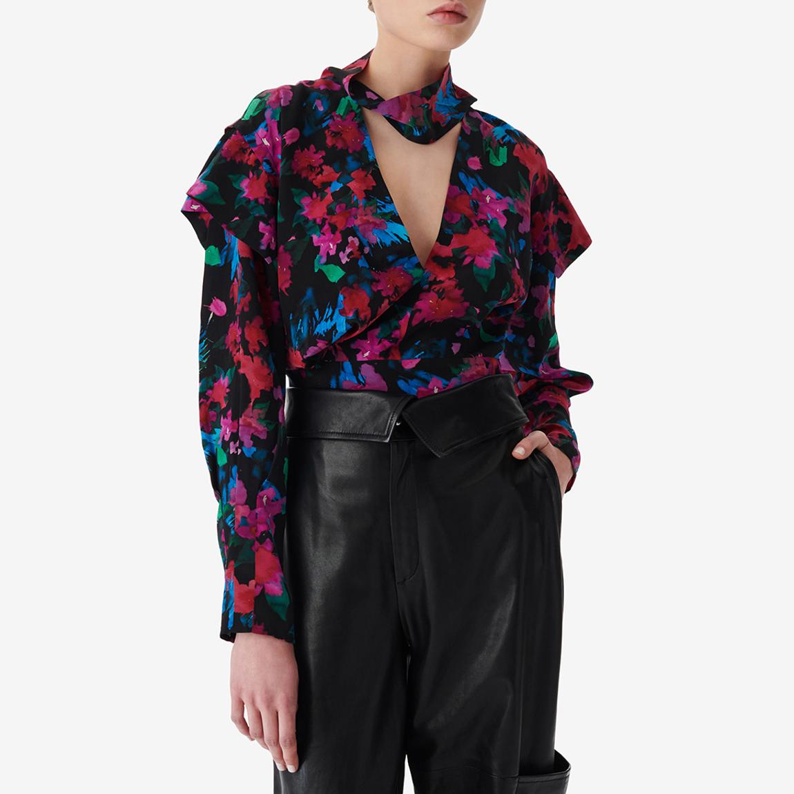 Black Printed V-Neck Ruffle Blouse main product photo