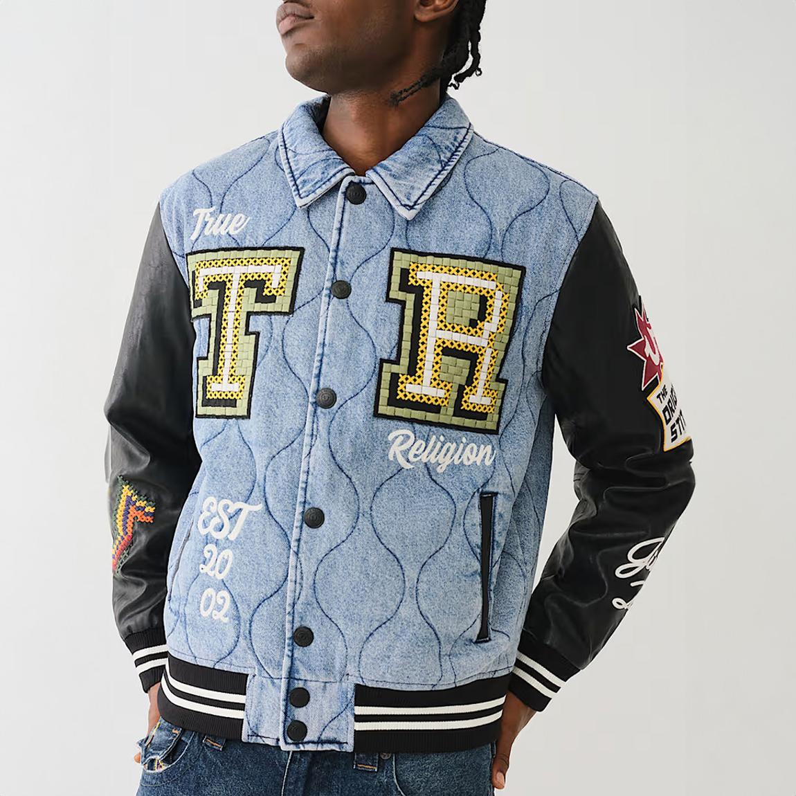 Blue Quilted Denim Varsity Jacket main product photo