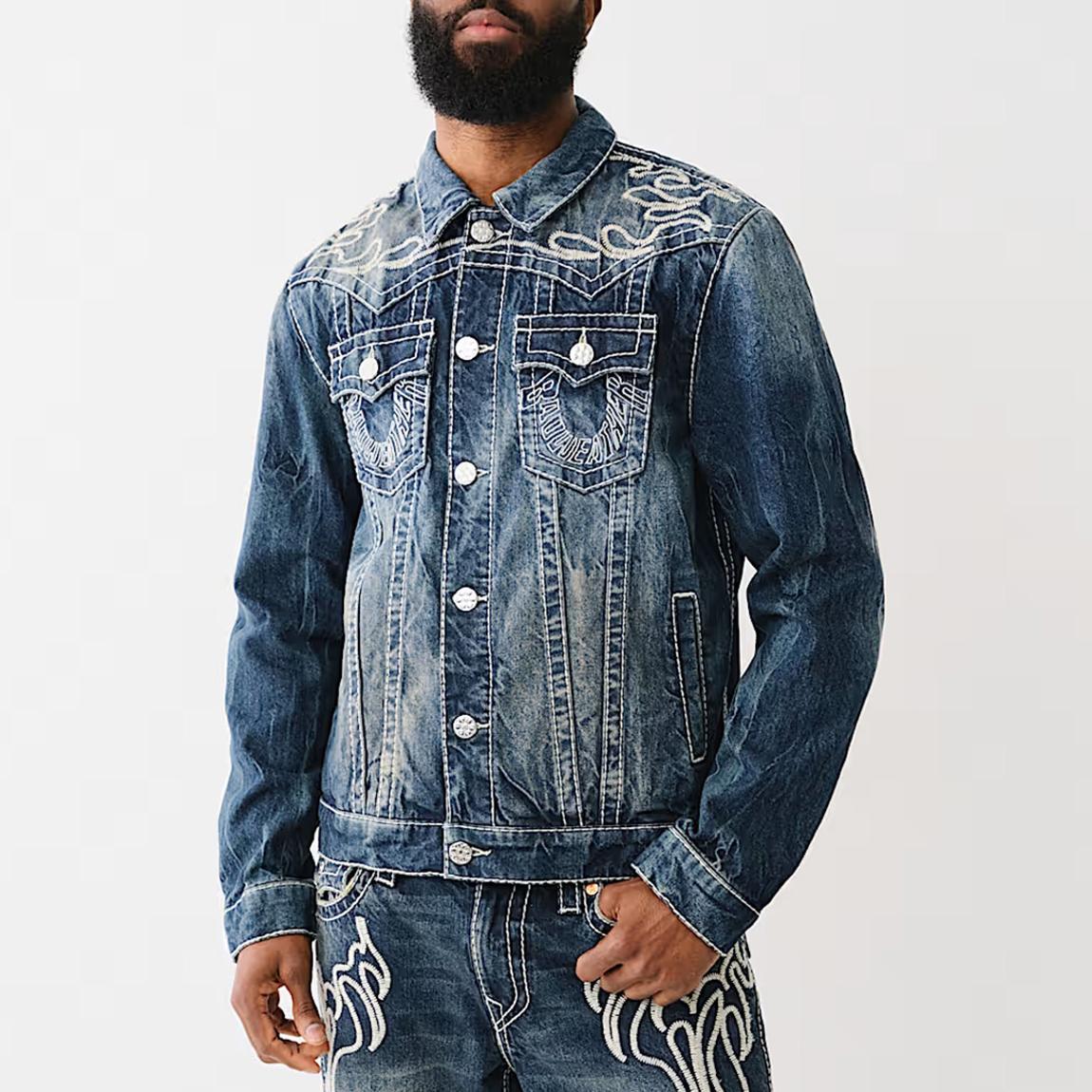 Washed Blue Big T Flame Trucker Jacket main product photo