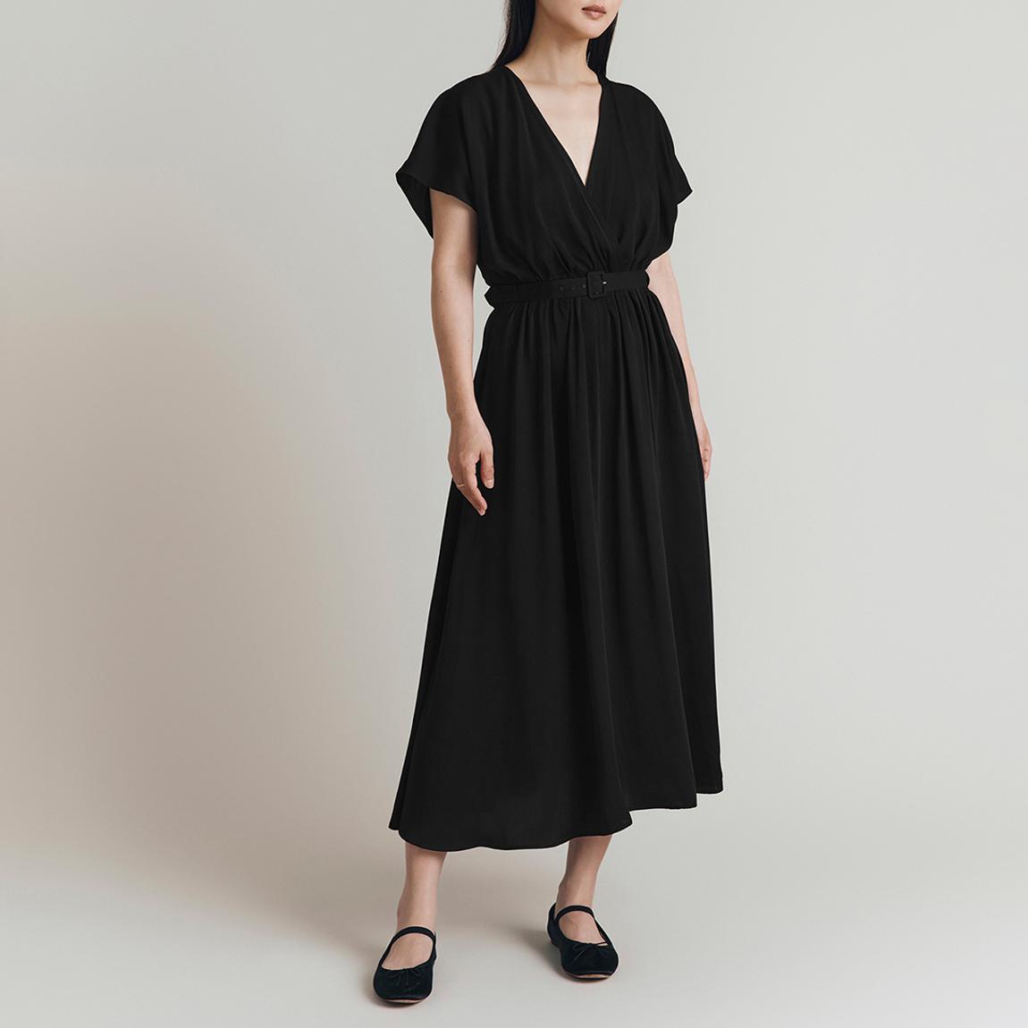 Black Satin Gathered Midi Dress main product photo