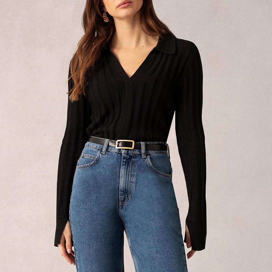 Black Collared Ribbed Top main product photo