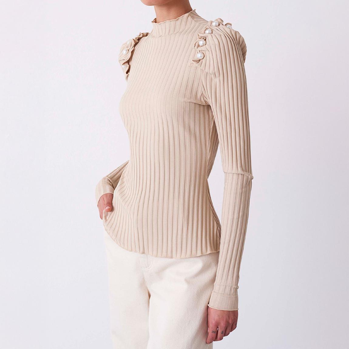 Beige Pearl Embellished Ribbed Top main product photo
