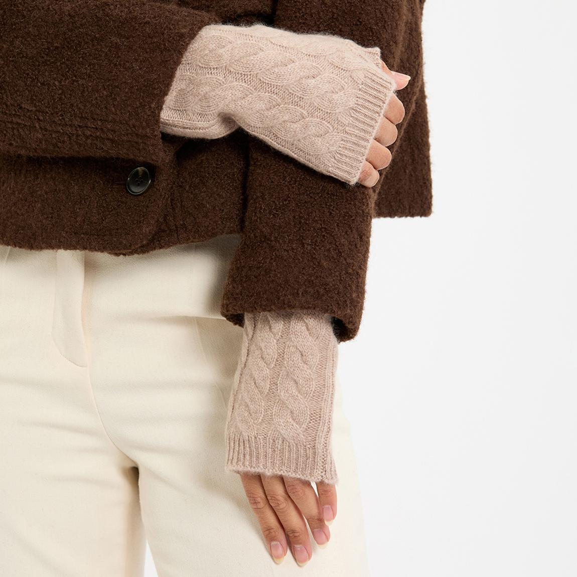 Natural Brown Cable Cashmere Fingerless Mittens main product photo