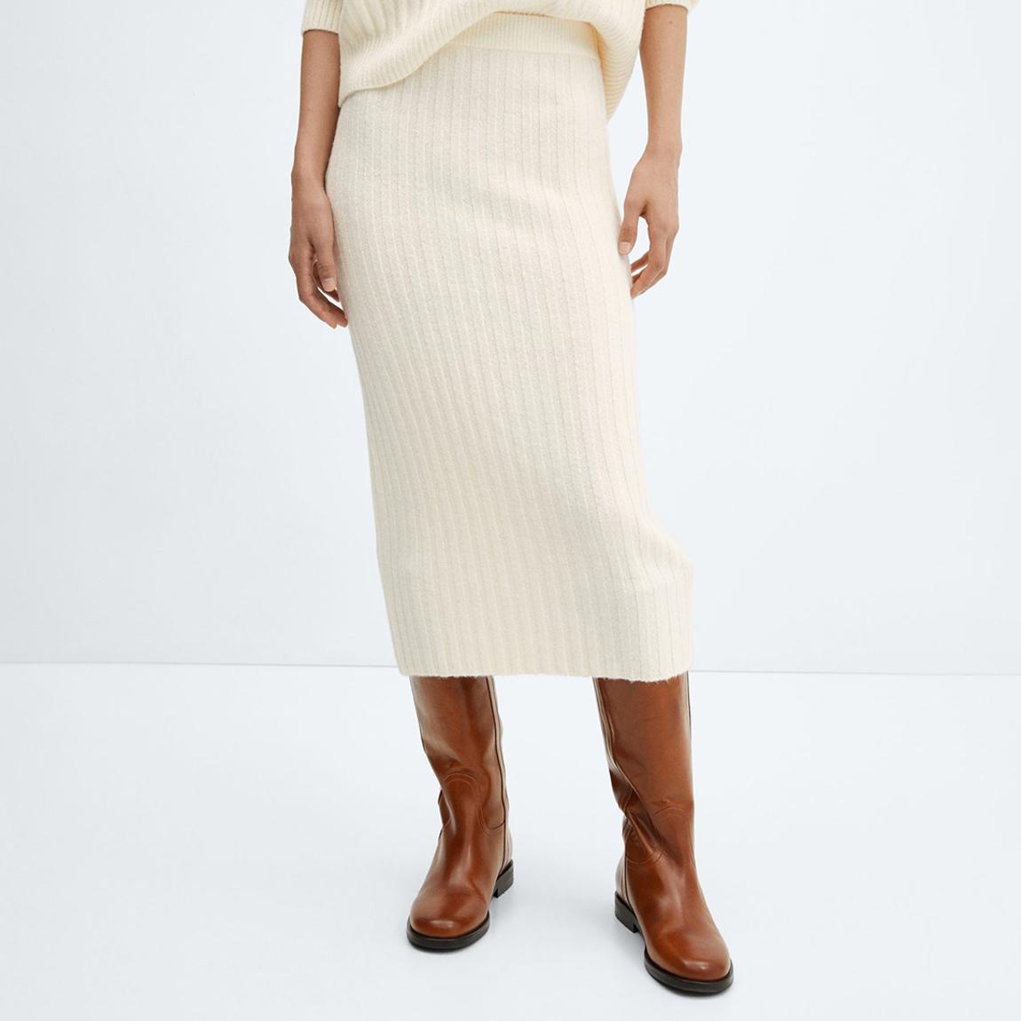 Ecru Ribbed Knit Wool Blend Midi Skirt main product photo