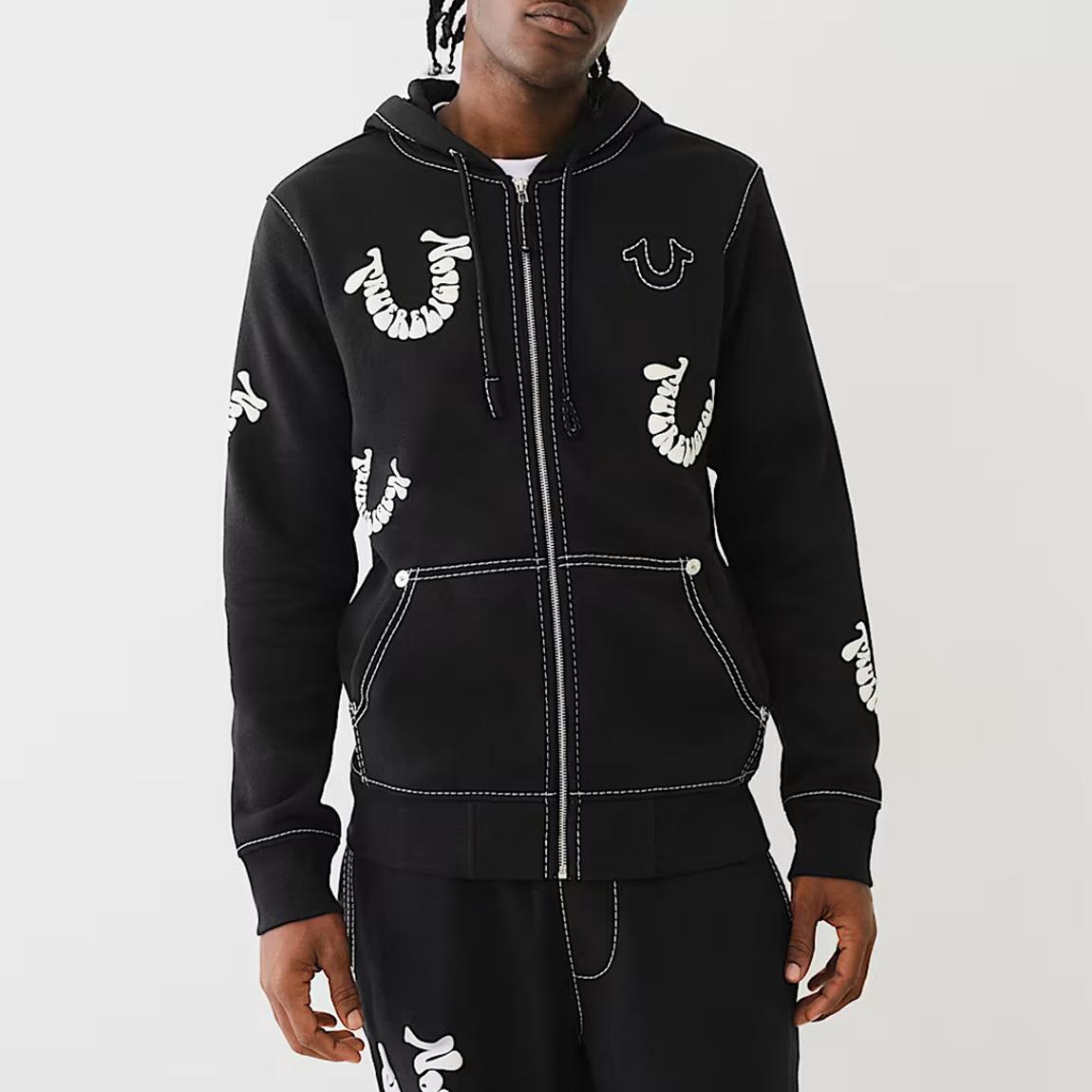 True Religion Black Big T All Over Puff Zip Hoodie - BrandAlley