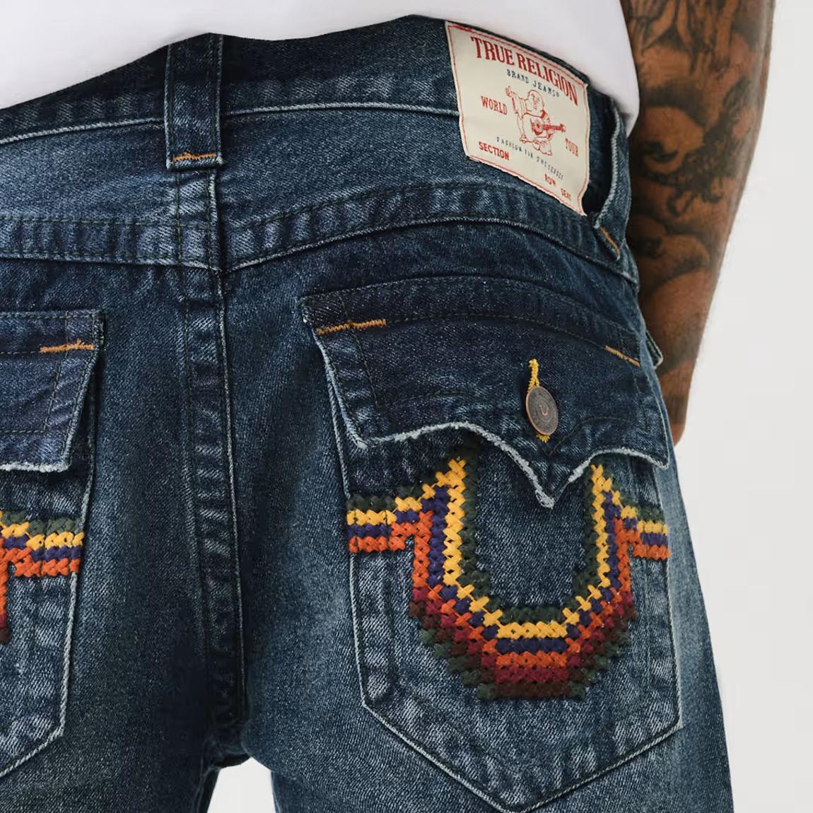 True Religion Dark Blue Ricky Cross Stitch Straight Jeans - BrandAlley
