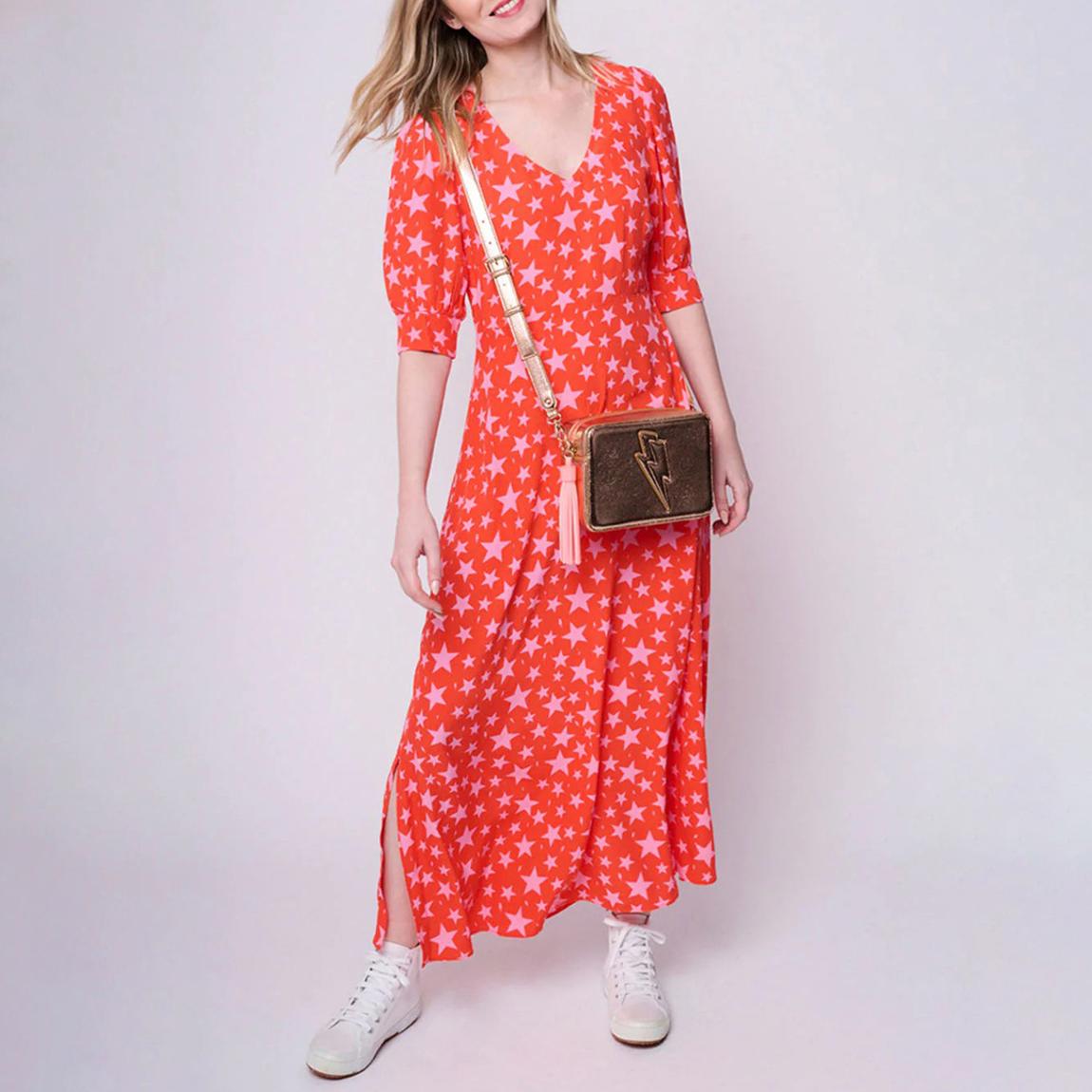 Red Star Print V Neck Midi Dress main product photo