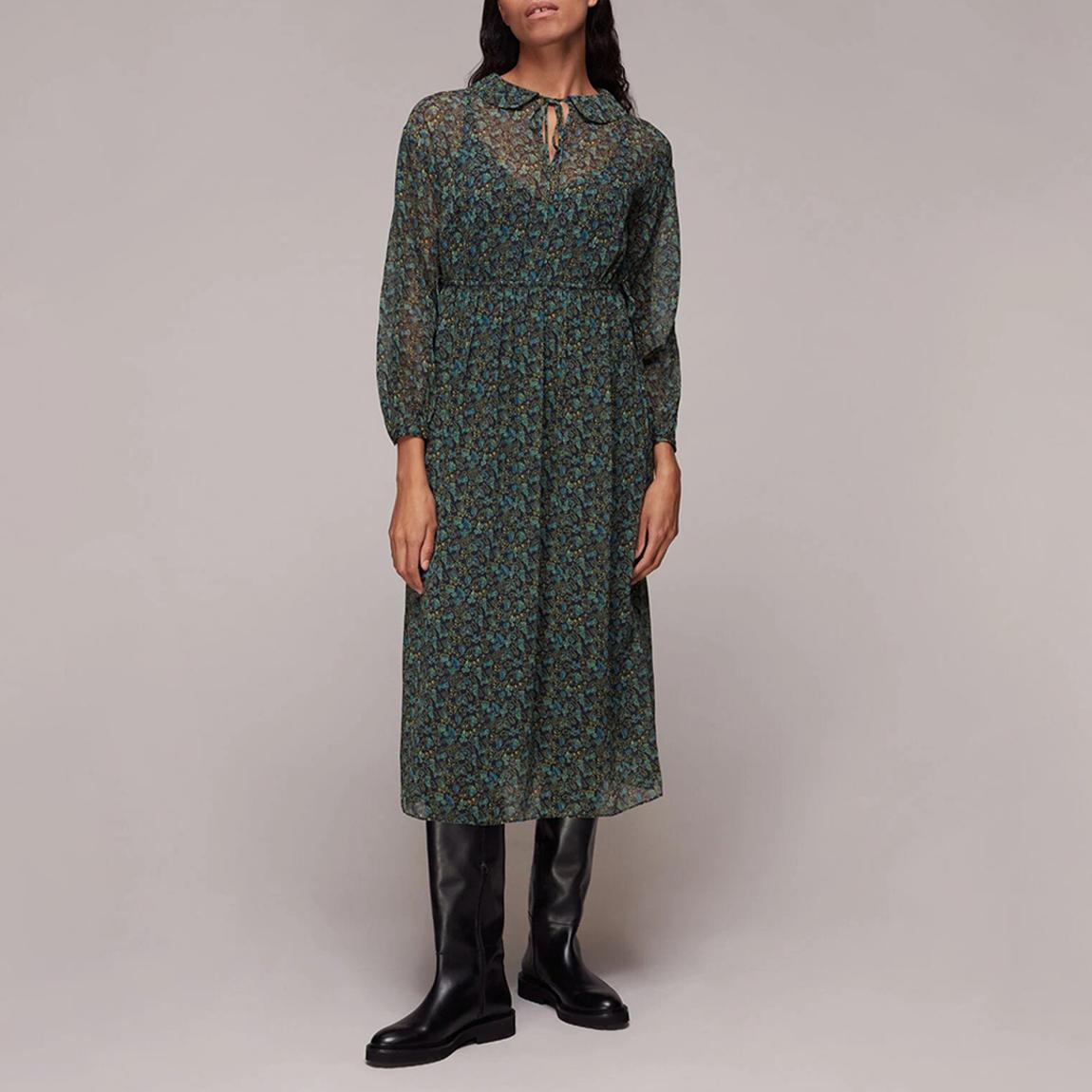 Green Floral Print Tie Neck Midi Dress main product photo