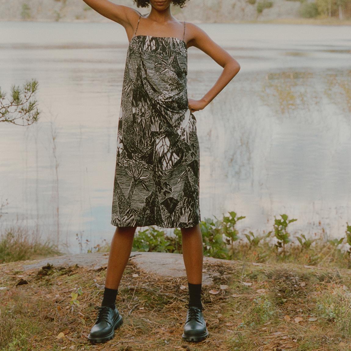 Black Printed Linen Blend Mini Dress main product photo