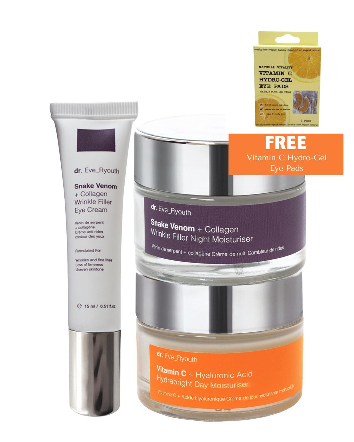 Vitamin C + Hyaluronic Acid Hydra bright Day Moisturizer 50ml + Snake Venom + Collagen Wrinkle Filler Night Moisturizer 50ml + Snake Venom + Collagen Wrinkle Filler Eye Cream 15ml ( BFG ) main product photo