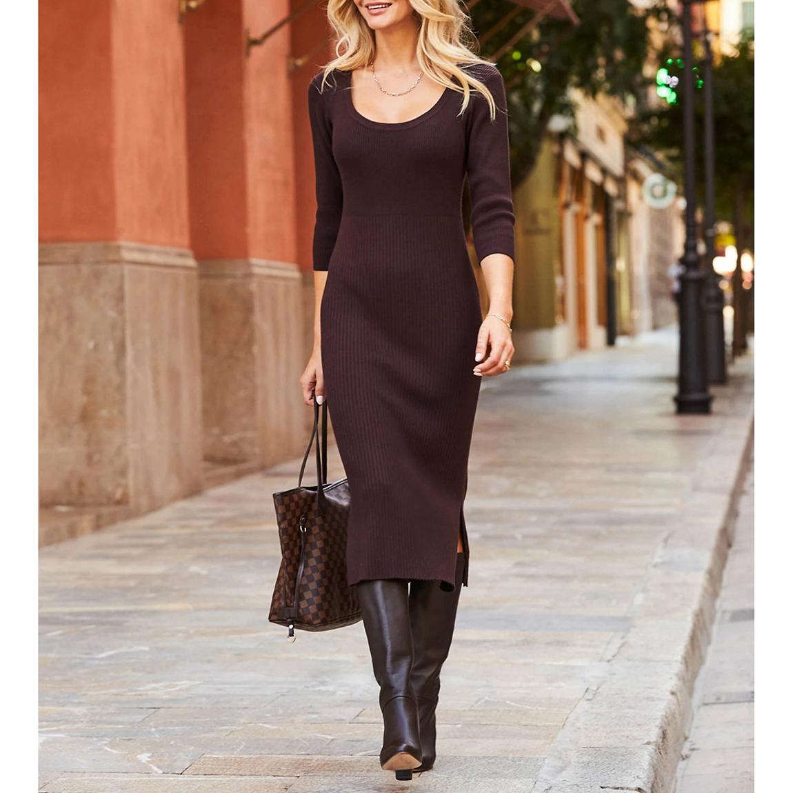 Chocolate Brown Knitted Scoop Neck Midi Dress main product photo