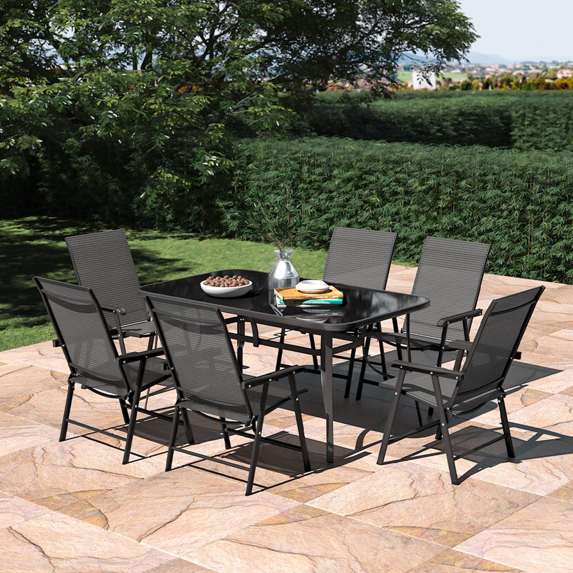 Tempered Glass Garden Table and Fabric Foldable Chairs Set of 6 main product photo