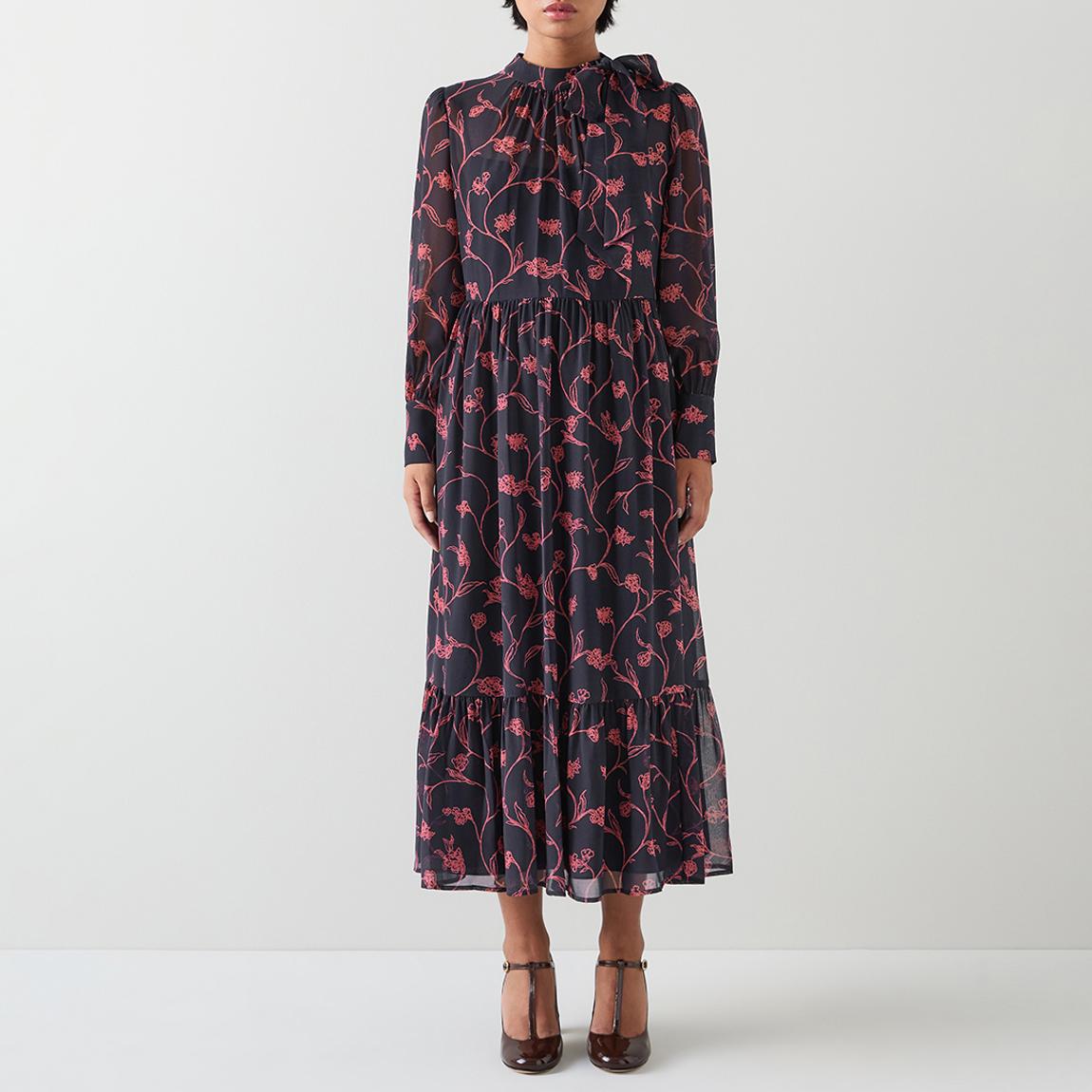 Navy/Pink Printed Tiered Petite Midi Dress main product photo