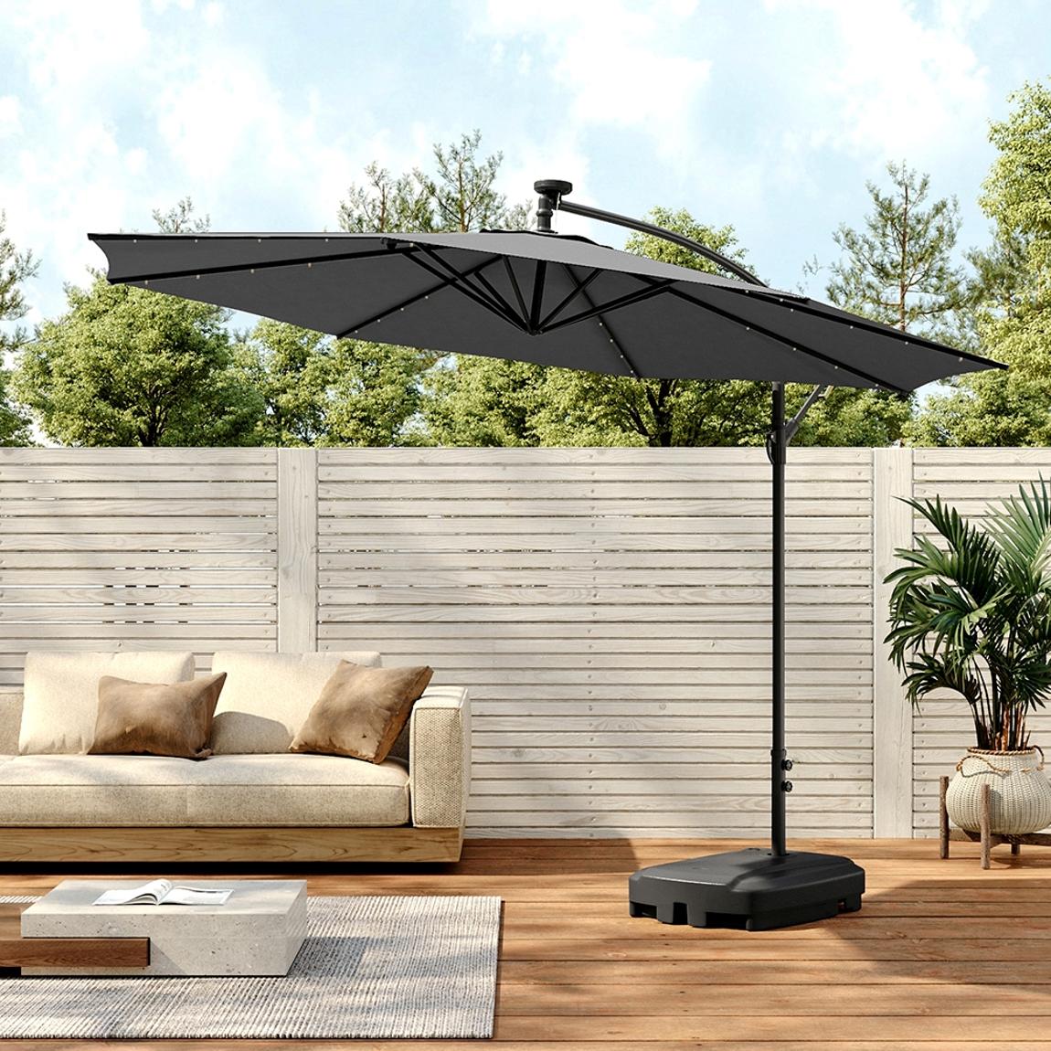 Outdoor 32 LED Lighted Patio Umbrella with Crank Lift System with Base - Grey main product photo
